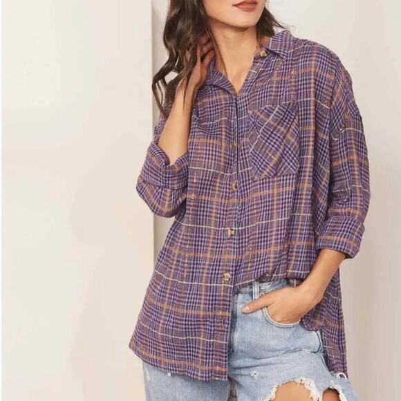 Free People Break My Stride Metallic Plaid Oversized Button Down Violet XS - Picture 1 of 11